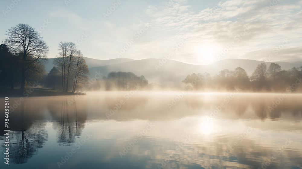 Fototapeta premium Misty Lake at Sunrise with Reflections and Soft Light – Fatigue-Free Video Conference Wallpaper