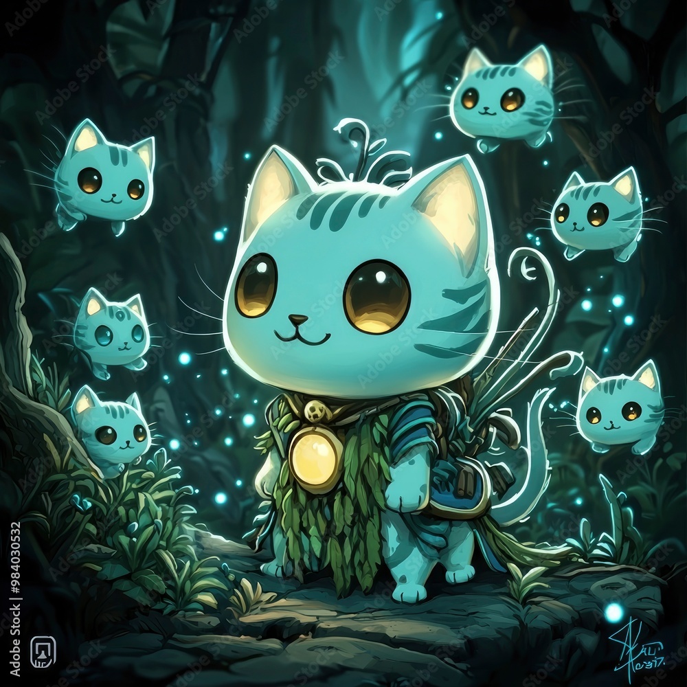 Obraz premium Adorable Blue Cat Warrior with a Magical Glow