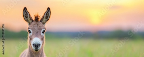 Beautiful donkey in green field with sky on background photo