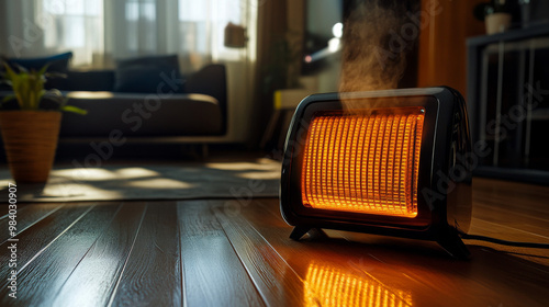 An electric space heater actively warms a cozy living room, emitting heat and light, providing warmth during colder weather.
 photo