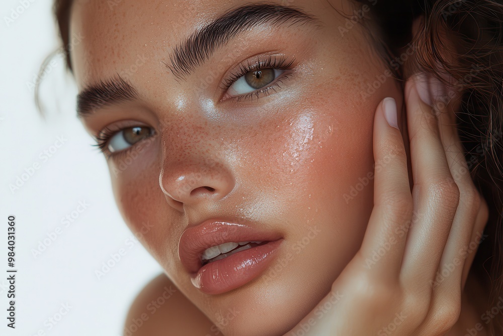 A beauty shot of a woman gently touching her face, her skin radiating with a healthy glow A beauty shot of a woman gently touching her face, her skin radiating with a healthy glow