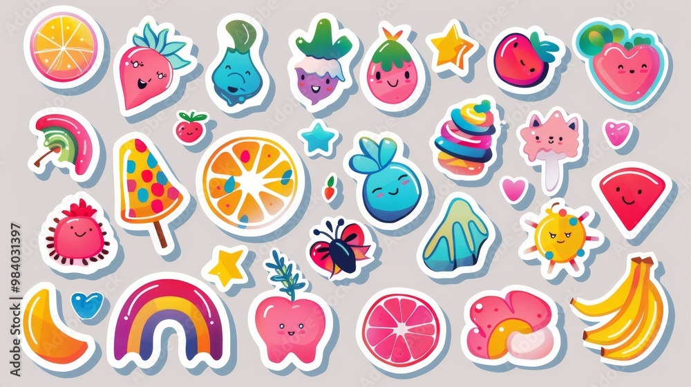A vibrant and lively Pop Art collage featuring a variety of colorful stickers and playful icons and designs A vibrant and lively Pop Art collage featuring a variety of colorful stickers and playful icons and designs