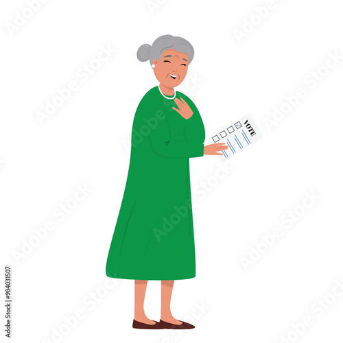 Joyful senior lady holding a vote paper, showing pride in her civic duty