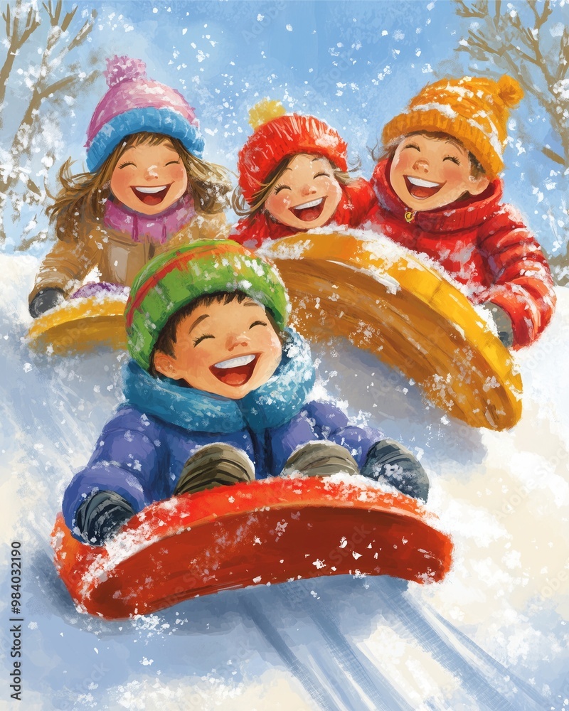 Children joyfully playing in the snow with their family during the winter holiday season ,skating, sledding