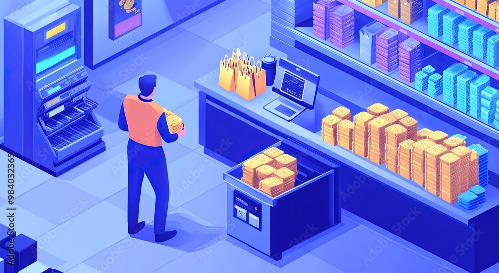 Isometric 3d illustration of a customer using self-checkout. Isometric 3d illustration of a customer using self-checkout.