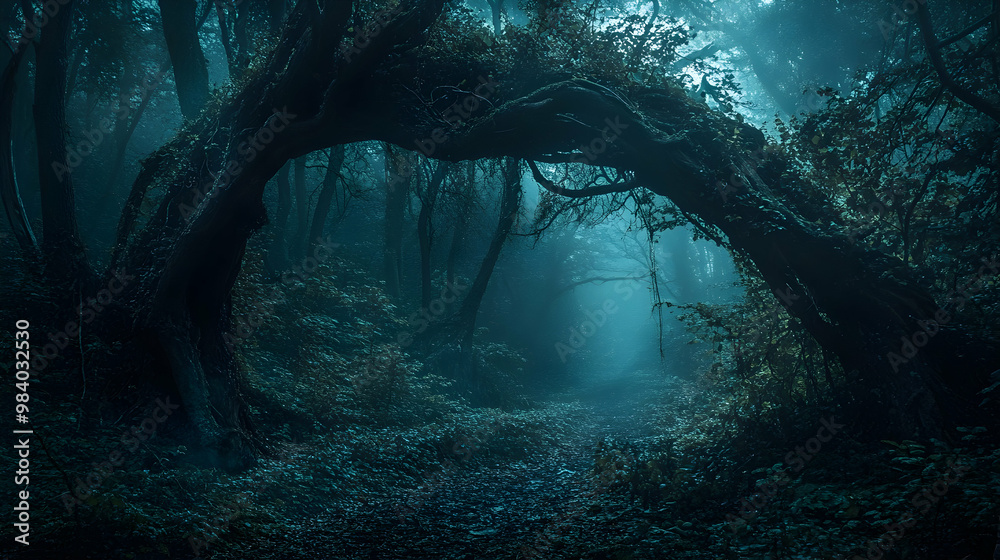 Enchanted Forest With Twisting Trees And A Foggy Path, Perfect Setting For Fantasy Or Horror Themes. Generative AI Enchanted Forest With Twisting Trees And A Foggy Path, Perfect Setting For Fantasy Or Horror Themes. Generative AI