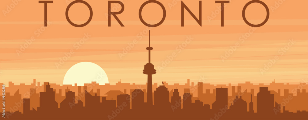 Brown panoramic poster of the city skyline with misty background buildings, sunrise, clouds and mountains of TORONTO, CANADA Brown panoramic poster of the city skyline with misty background buildings, sunrise, clouds and mountains of TORONTO, CANADA
