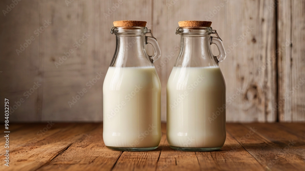 Detailed image of two glass jars filled with fresh milk, topped with cork stoppers, standing on a rustic wooden surface backdrop. Detailed image of two glass jars filled with fresh milk, topped with cork stoppers, standing on a rustic wooden surface backdrop.