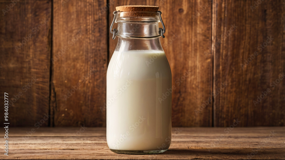 A glass milk bottle sealed with a cork lid is placed on a rustic wooden surface against a wooden wall, evoking warmth. A glass milk bottle sealed with a cork lid is placed on a rustic wooden surface against a wooden wall, evoking warmth.