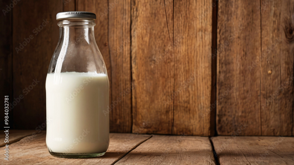 A glass milk bottle with a metal cap stands against a rustic wooden background representing simplicity and nostalgia. A glass milk bottle with a metal cap stands against a rustic wooden background representing simplicity and nostalgia.