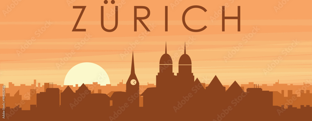 Brown panoramic poster of the city skyline with misty background buildings, sunrise, clouds and mountains of ZURICH, SWITZERLAND Brown panoramic poster of the city skyline with misty background buildings, sunrise, clouds and mountains of ZURICH, SWITZERLAND