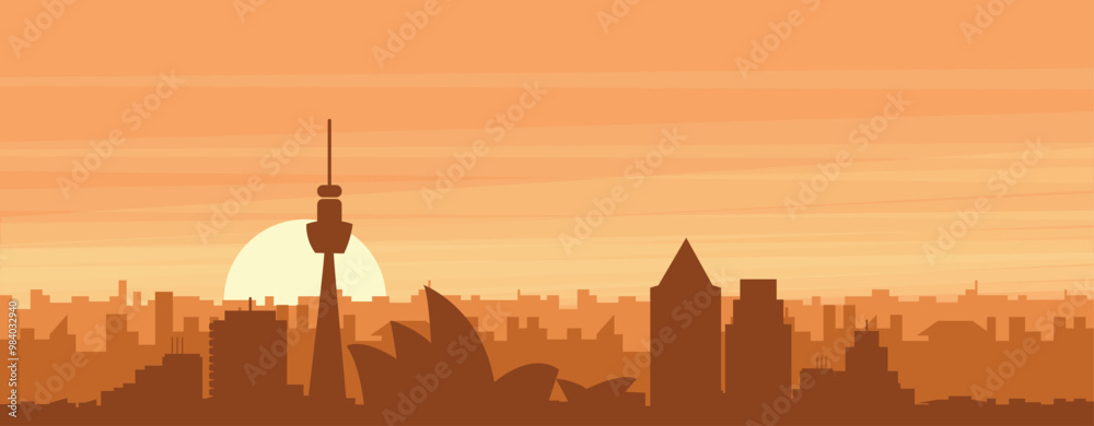 Brown panoramic poster of the city skyline with misty background buildings, sunrise, clouds and mountains of SYDNEY, AUSTRALIA Brown panoramic poster of the city skyline with misty background buildings, sunrise, clouds and mountains of SYDNEY, AUSTRALIA