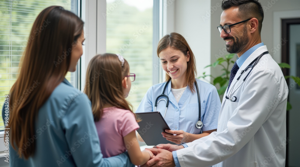 Fototapeta premium Pediatric Healthcare Visit with Caring Doctors and Happy Child in Medical Office - Family Consultation