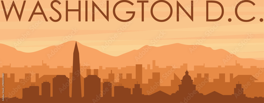 Brown panoramic poster of the city skyline with misty background buildings, sunrise, clouds and mountains of WASHINGTON DC, UNITED STATES Brown panoramic poster of the city skyline with misty background buildings, sunrise, clouds and mountains of WASHINGTON DC, UNITED STATES