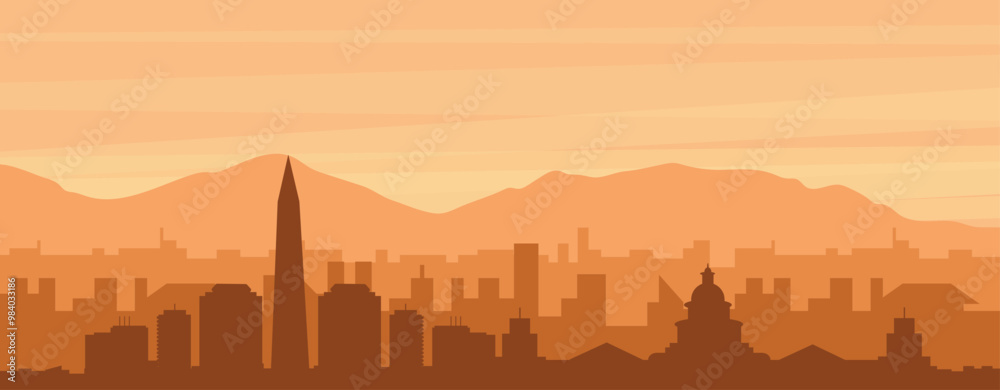Brown panoramic poster of the city skyline with misty background buildings, sunrise, clouds and mountains of WASHINGTON DC, UNITED STATES Brown panoramic poster of the city skyline with misty background buildings, sunrise, clouds and mountains of WASHINGTON DC, UNITED STATES