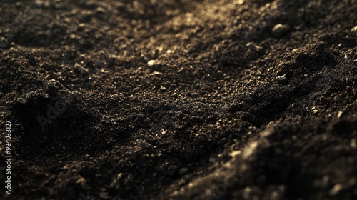 Rich dark soil with detailed texture showing layers of earth, freshly turned and ready for planting, creating a natural, organic scene