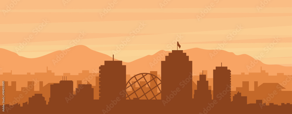 Fototapeta premium Brown panoramic poster of the city skyline with misty background buildings, sunrise, clouds and mountains of VANCOUVER, CANADA