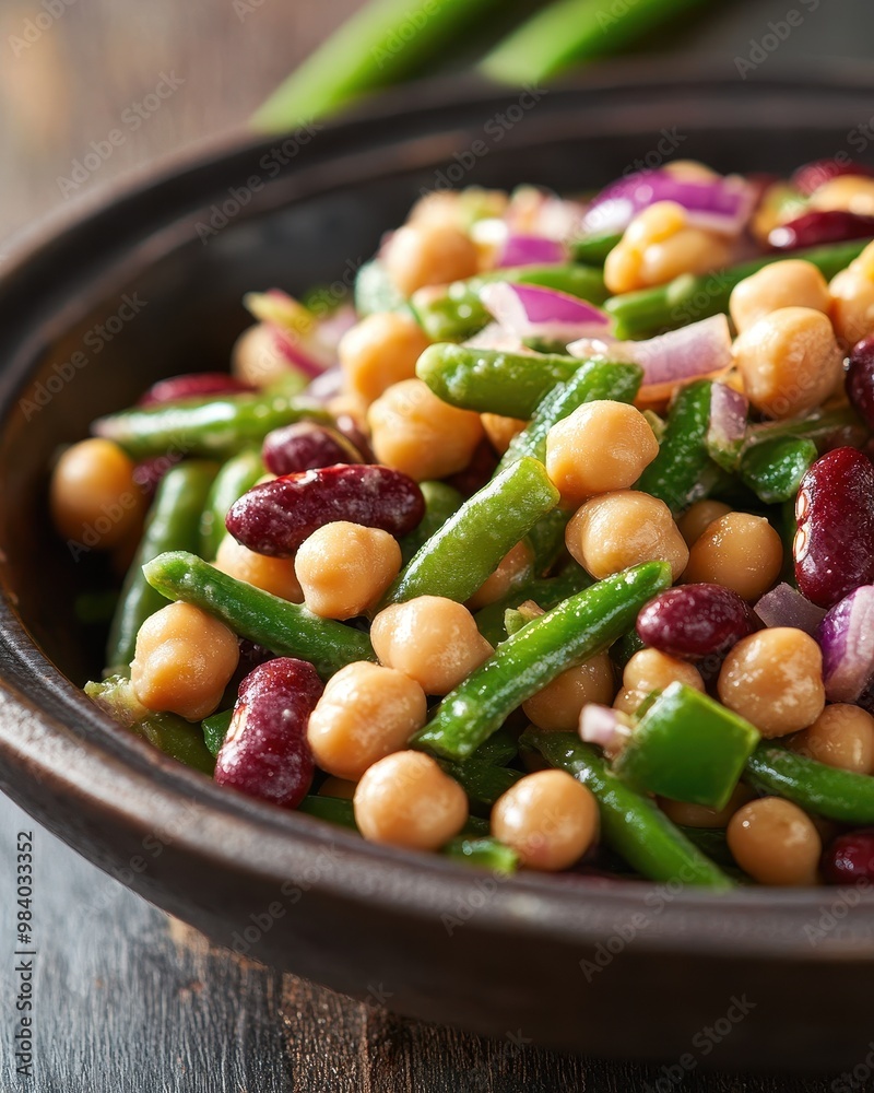 A vibrant salad featuring chickpeas, green beans, and red onions in a rustic bowl. A vibrant salad featuring chickpeas, green beans, and red onions in a rustic bowl.