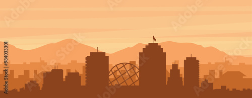 Brown panoramic poster of the city skyline with misty background buildings, sunrise, clouds and mountains of VANCOUVER, CANADA