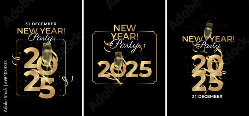 New Year 2025 event design templates. Elegant and modern style. Golden 2025 numbers and champagne glasses silhouette toasting. Vector illustration.