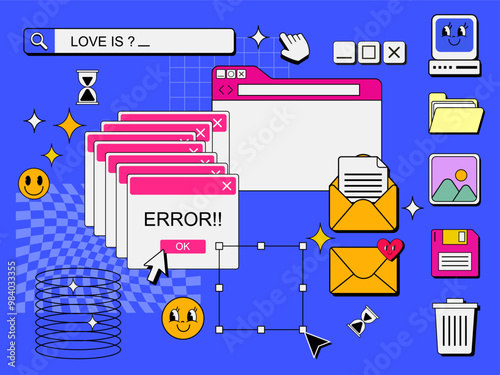vector set of retro computer interface ui and icon,
vintage and dialog window 90's, nostalgic os element and icon design