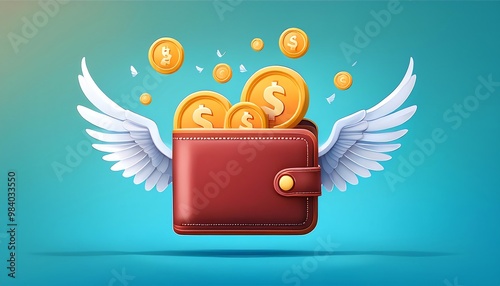 A whimsical illustration of a brown wallet with wings, overflowing with coins, symbolizing financial freedom and prosperity. photo