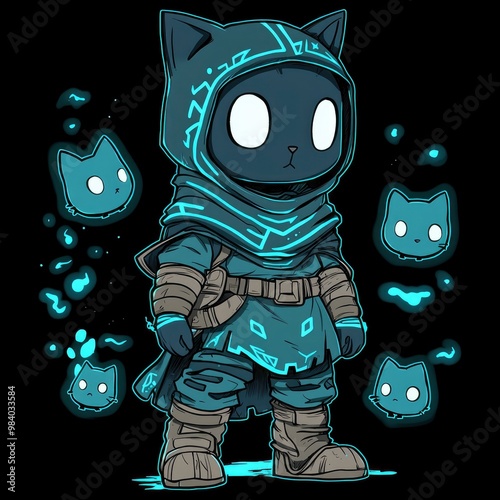 Cyberpunk Cat with Glowing Eyes and Spirit Cats