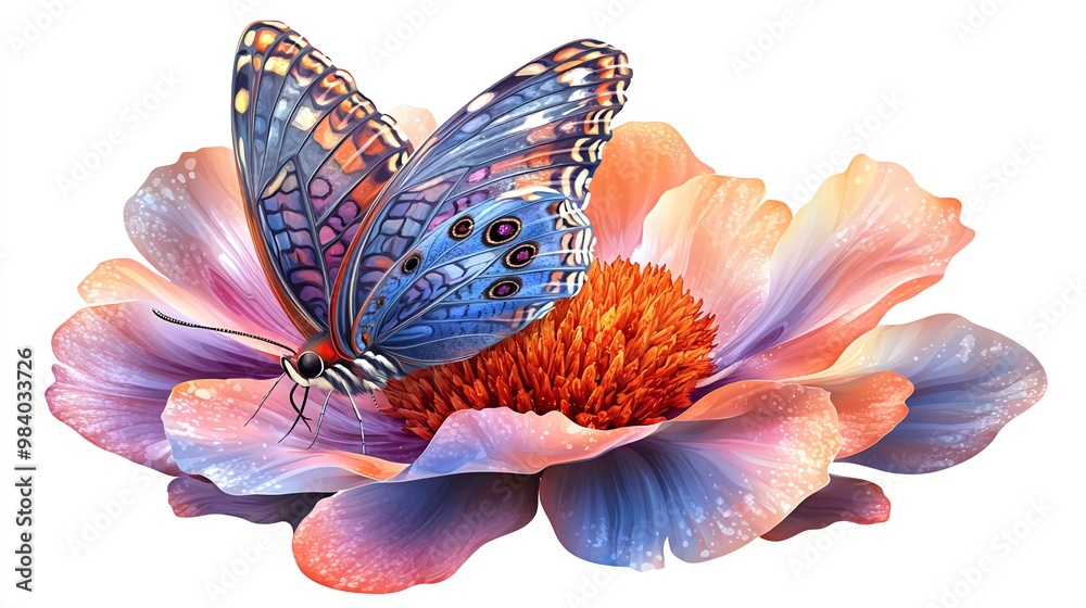 A vibrant blue and orange butterfly with intricate wing patterns rests on a delicate, multi-colored flower with orange center, isolated on a white background. A vibrant blue and orange butterfly with intricate wing patterns rests on a delicate, multi-colored flower with orange center, isolated on a white background.