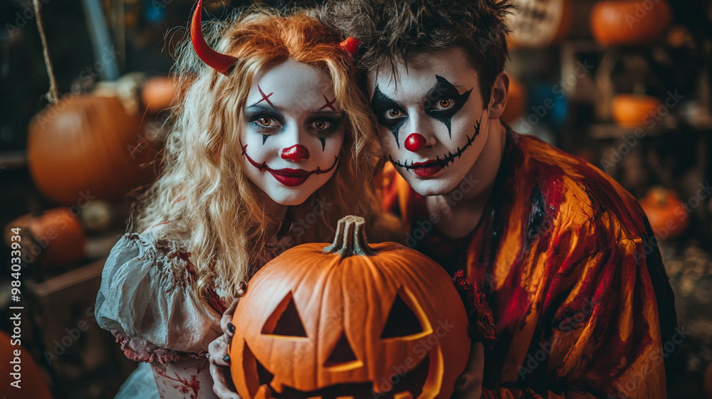 Young couple in Halloween costumes holding a carved pumpkin inside a spooky decoration setting Young couple in Halloween costumes holding a carved pumpkin inside a spooky decoration setting