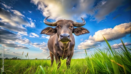 Animal carabao water buffalo grazing in grass field photo