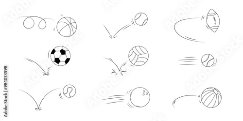 Doodle sport ball trajectory bounce collection. Line hand drawn balls set. 