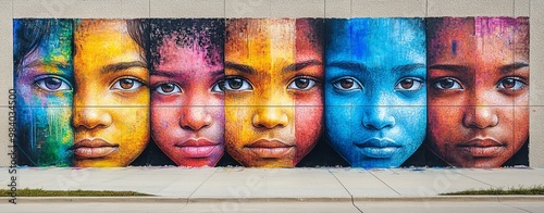 Colorful Mural of Diverse Faces on Urban Wall photo