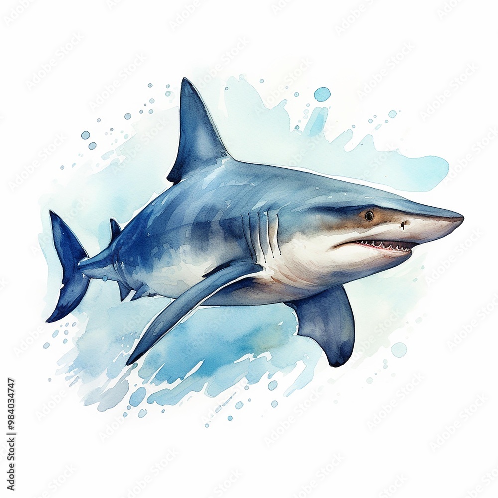 Obraz premium A vibrant watercolor illustration of a fierce shark swimming gracefully.