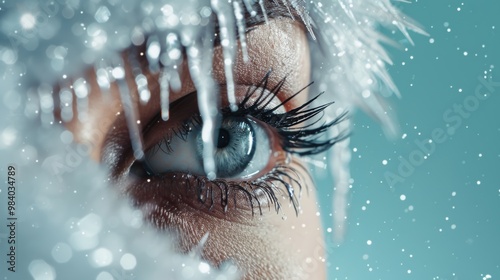 A close up portrait of a woman's face, where her tears have frozen in mid fall, forming intricate ice patterns on her cheeks. photo