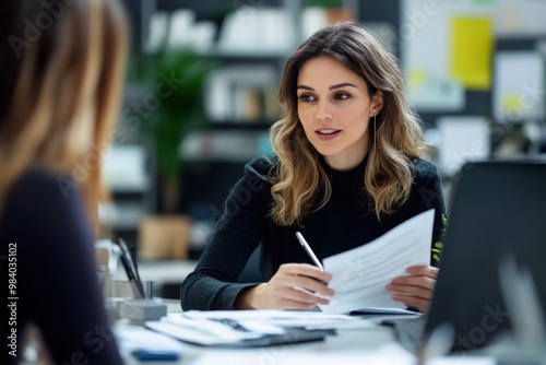 A businesswoman in a meeting, handing over documents to a colleague while engaged