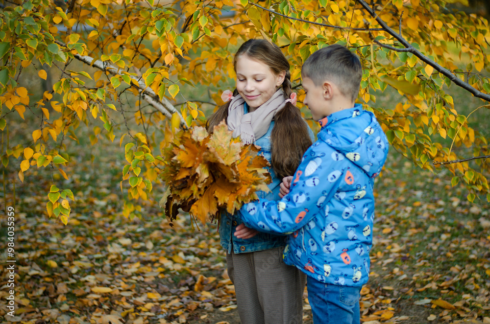 brother and sister in the autumn park brother and sister in the autumn park