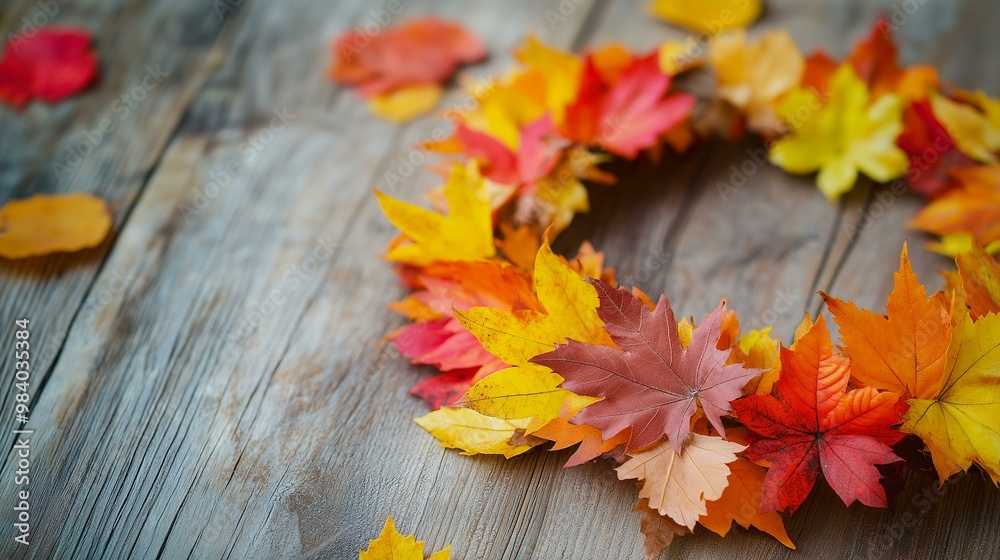 Fototapeta premium DIY Autumn Crown Project for Kids Featuring Vibrant Fall Leaves on Rustic Wooden Background