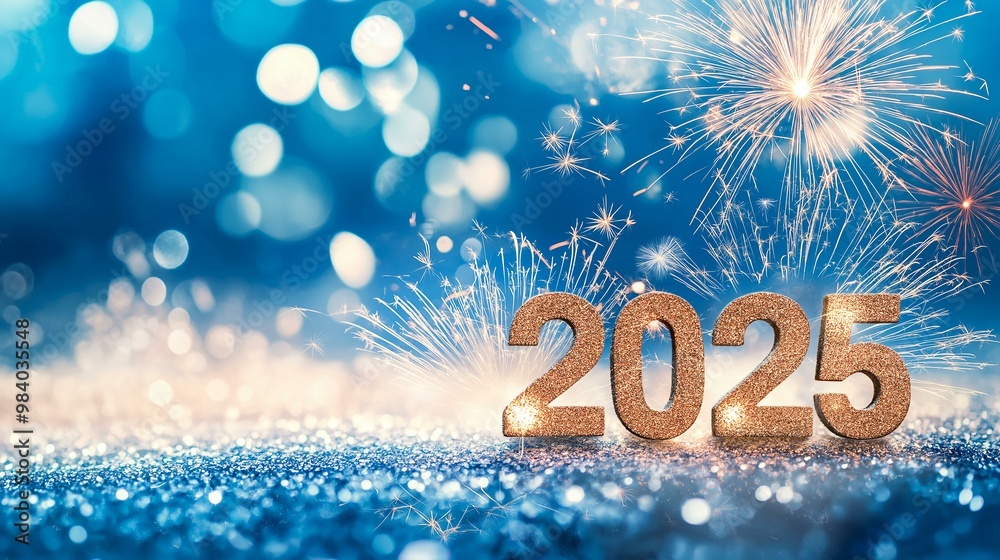 Happy New Year 2025 Celebration with Sparkling Fireworks and Glittering Lights on Blue Background Happy New Year 2025 Celebration with Sparkling Fireworks and Glittering Lights on Blue Background