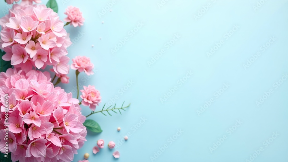 Pastel blue background with pink hydrangeas Perfect for baby shower and gender reveal cards Pastel blue background with pink hydrangeas Perfect for baby shower and gender reveal cards