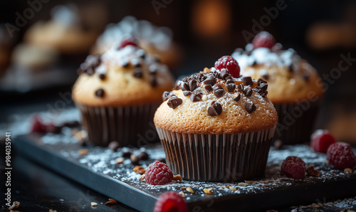 Delicious cupcakes with chocolate topping on blurred background