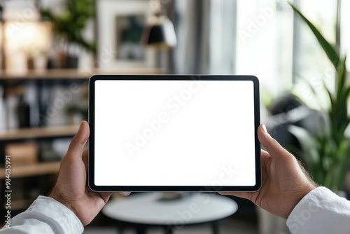 A person is holding a tablet with a white screen. The tablet is in a living room with a potted plant and a couch. The room has a cozy and comfortable atmosphere. Mockup