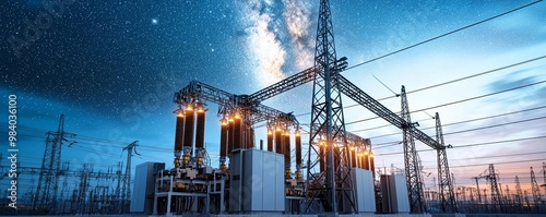 Power substation with detailed switchgear and transmission transformers under a starry twilight sky, showcasing the fusion of energy infrastructure and nature