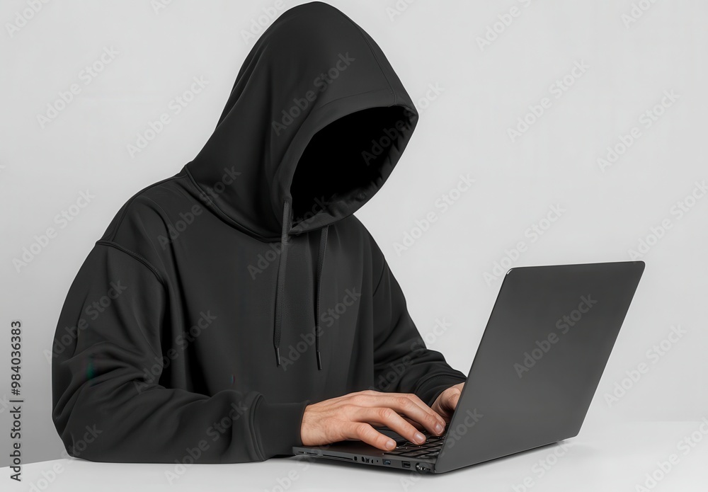 A man wearing a hoodie is typing on a laptop. Concept of mystery and anonymity, as the man is hidden behind the hood of his hoodie. The laptop screen is the main focus of the image A man wearing a hoodie is typing on a laptop. Concept of mystery and anonymity, as the man is hidden behind the hood of his hoodie. The laptop screen is the main focus of the image