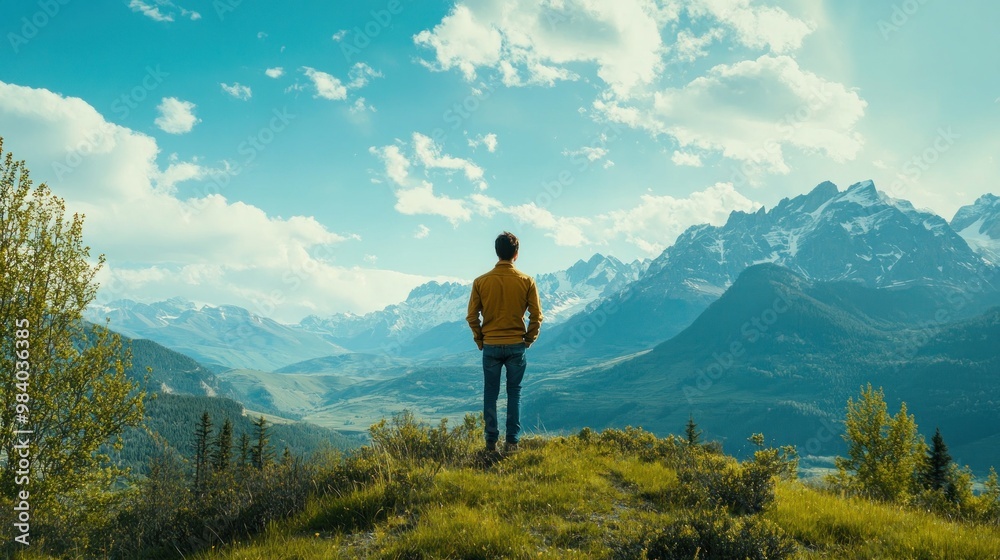 Man Admiring Breathtaking Mountain Range Man Admiring Breathtaking Mountain Range