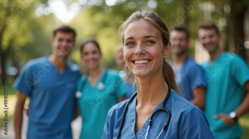 Smiling Medical Professionals in Scrubs Posing in Hospital and Outdoor Settings – Group and Individual Healthcare Workers Photo