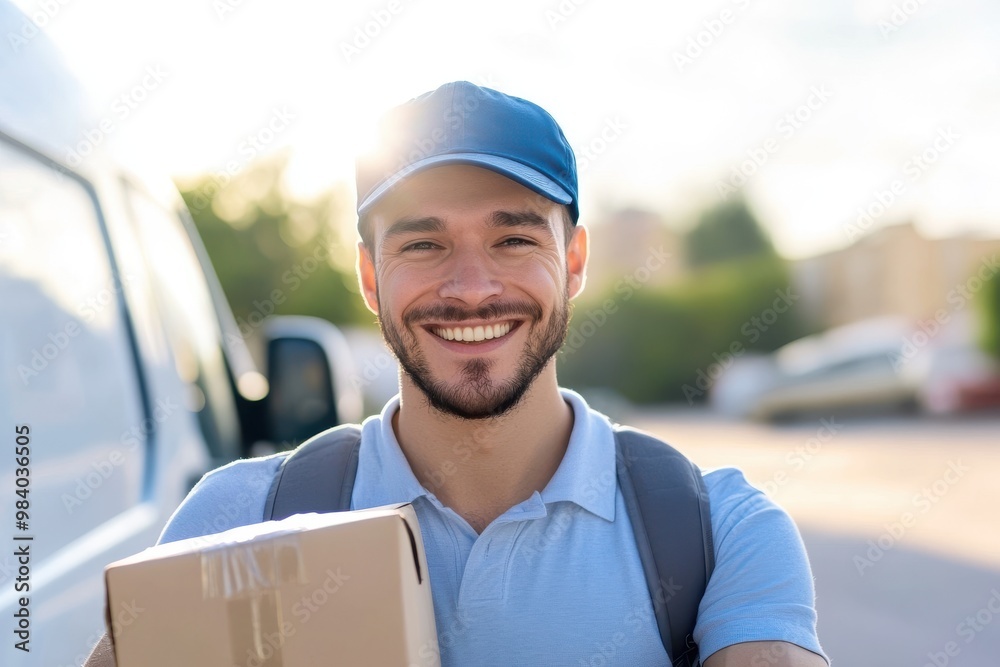 A cheerful delivery man holding a package while standing in front of a white delivery A cheerful delivery man holding a package while standing in front of a white delivery