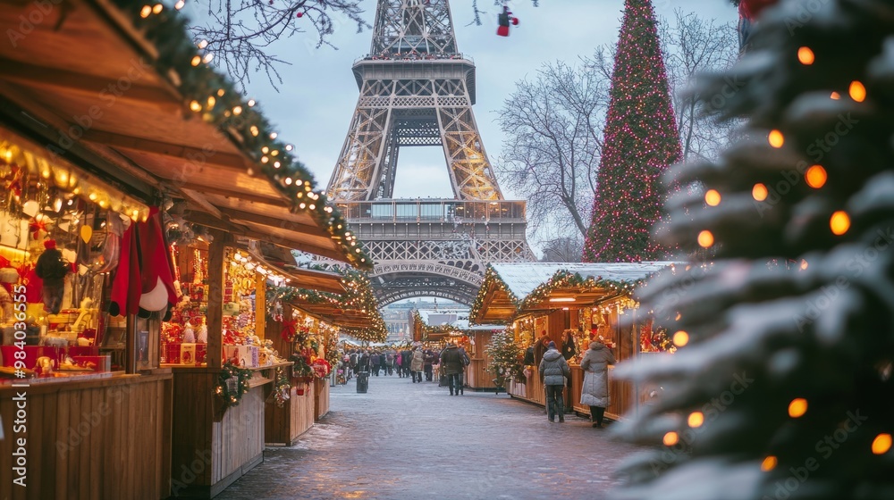 Naklejka premium Christmas market in Paris near the Eiffel Tower, decorated stalls with lights and ornaments, festive holiday atmosphere in the streets filled with people shopping for gifts