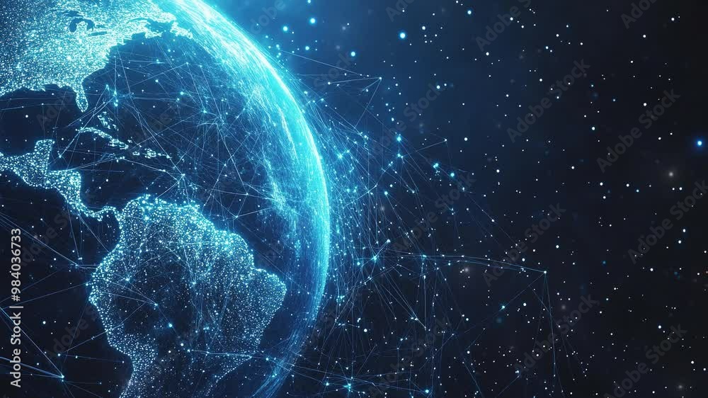 Abstract tech background with global network and digital connection. Digital data globe. Global network. Global internet business. Futuristic digital world. Symbolizing global connectivity. Copy space
