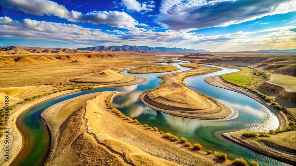 Fototapeta premium Arid landscape with winding water channels symmetrical