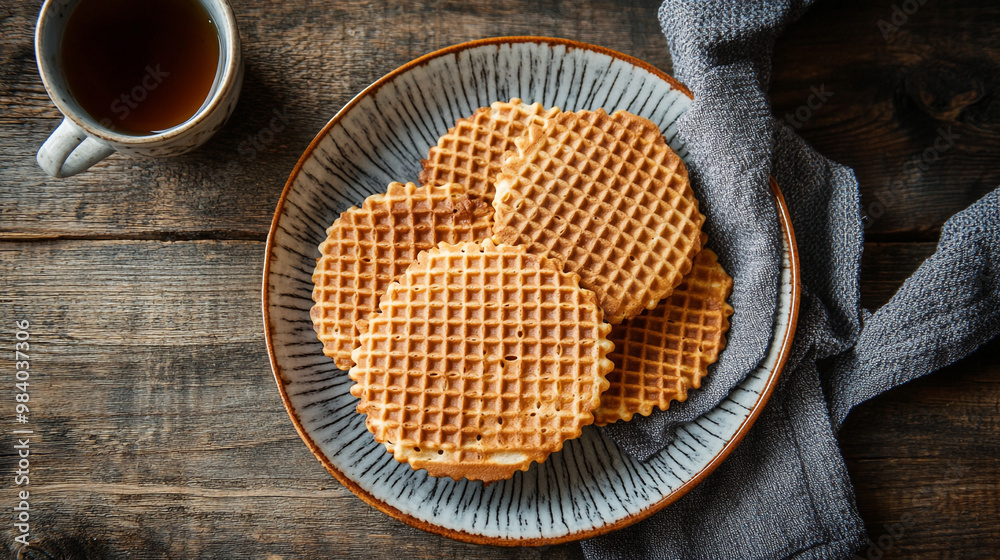 Delicious homemade waffles served on a rustic plate with a cup of tea beside them Delicious homemade waffles served on a rustic plate with a cup of tea beside them